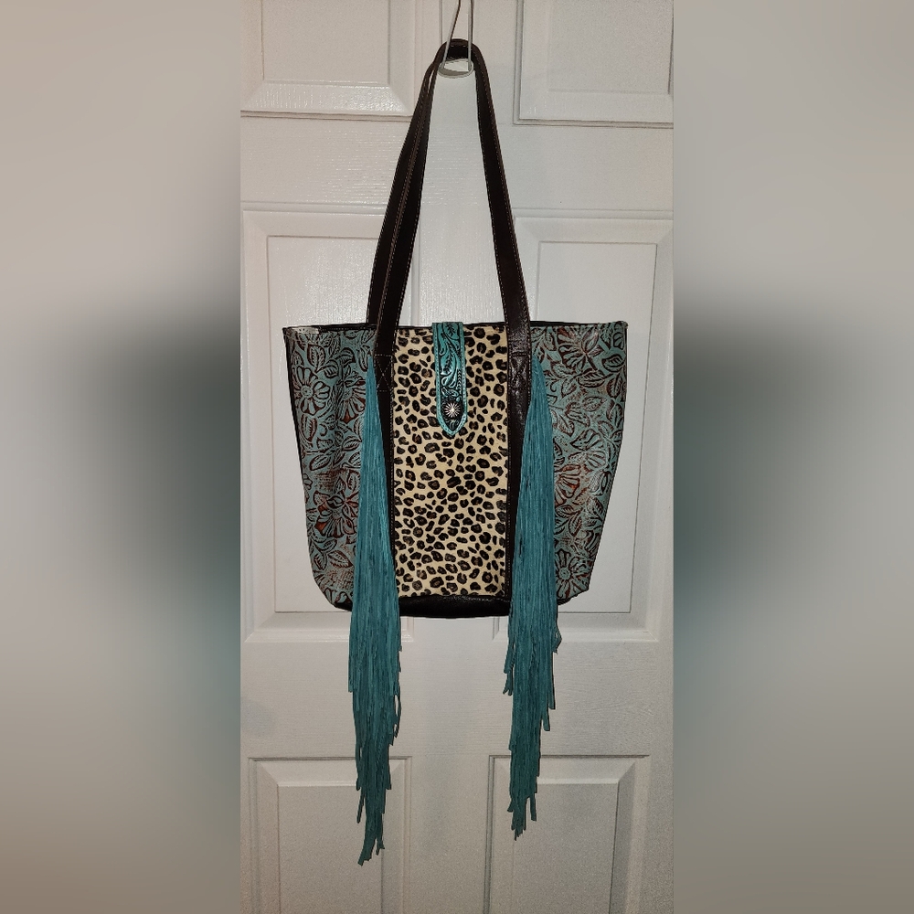 Myra brown leather turquoise leopard Print Tote Bag with keychain
